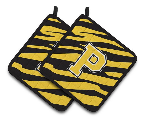 CJ1026-PPTHD Monogram Initial P Tiger Stripe - Black Gold Pair of Pot Holders, 7.5 x 3 x 7.5 in.