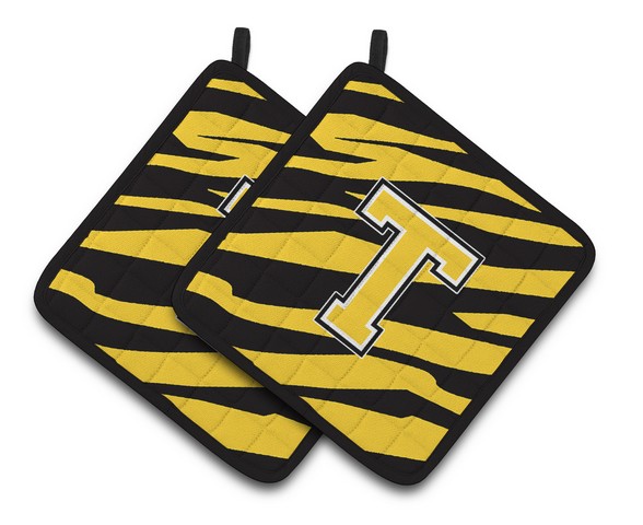 CJ1026-TPTHD Monogram Initial T Tiger Stripe - Black Gold Pair of Pot Holders, 7.5 x 3 x 7.5 in.