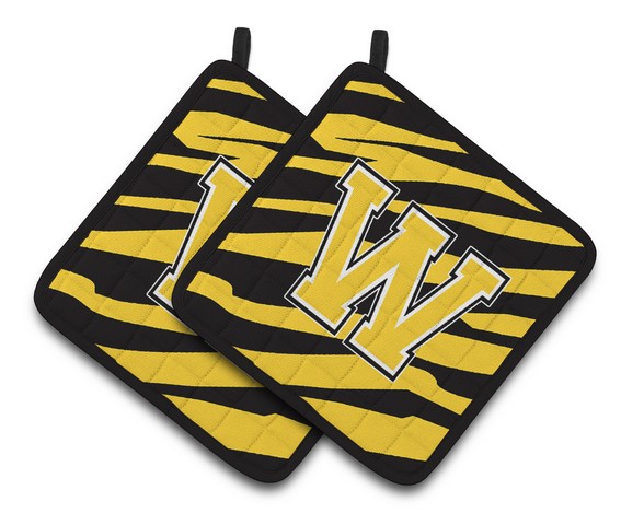 CJ1026-WPTHD Monogram Initial W Tiger Stripe - Black Gold Pair of Pot Holders, 7.5 x 3 x 7.5 in.