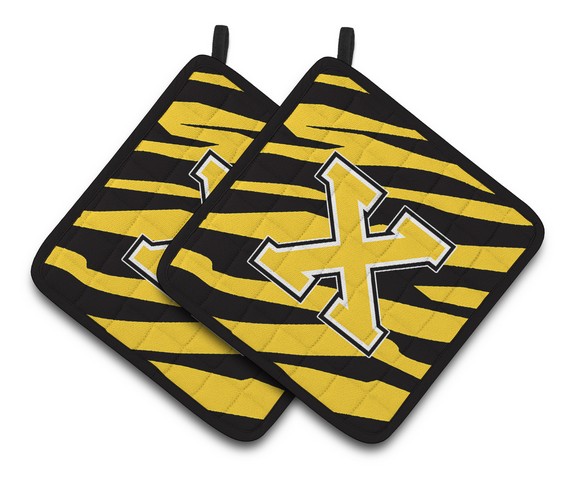 CJ1026-XPTHD Monogram Initial X Tiger Stripe - Black Gold Pair of Pot Holders, 7.5 x 3 x 7.5 in.