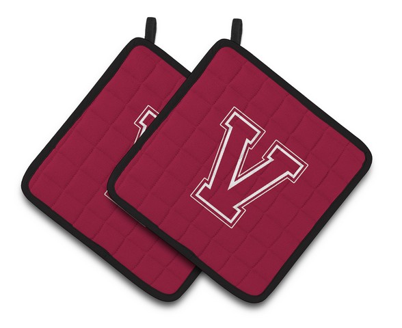 Monogram Initial V Maroon & White Pair of Pot Holders