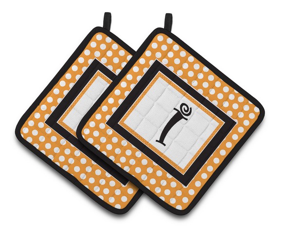 Monogram Initial I Orange Polkadots Pair of Pot Holders