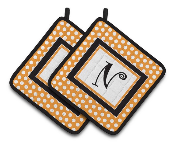 CJ1033-NPTHD Monogram Initial N Orange Polkadots Pair of Pot Holders, 7.5 x 3 x 7.5 in.