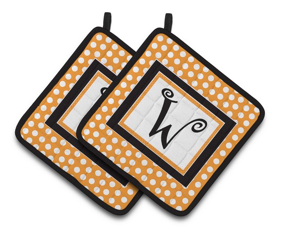 Monogram Initial W Orange Polkadots Pair of Pot Holders