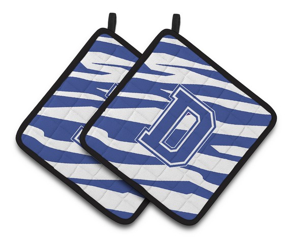 Monogram Initial D Tiger Stripe Blue & White Pair of Pot Holders