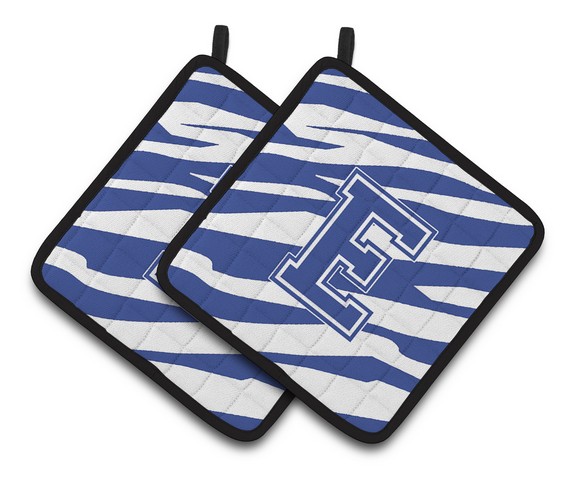 Monogram Initial E Tiger Stripe Blue & White Pair of Pot Holders, 7.5 x 3 x 7.5 in.