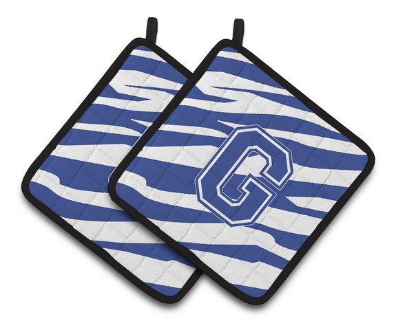 Monogram Initial G Tiger Stripe Blue & White Pair of Pot Holders