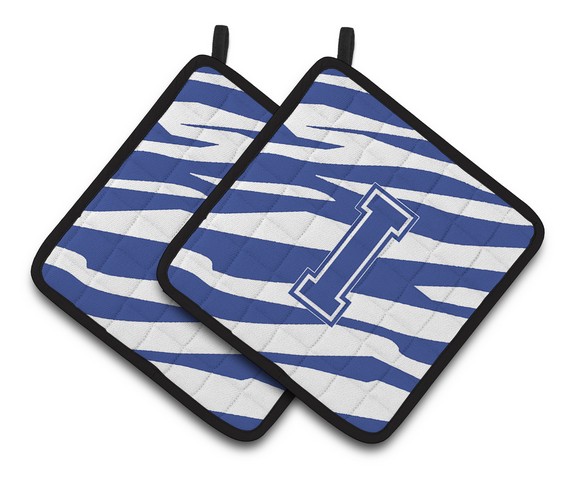 Monogram Initial I Tiger Stripe Blue & White Pair of Pot Holders