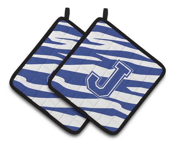 Monogram Initial J Tiger Stripe Blue & White Pair of Pot Holders