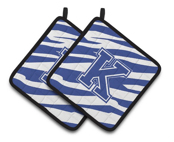 CJ1034-KPTHD Monogram Initial K Tiger Stripe Blue & White Pair of Pot Holders, 7.5 x 3 x 7.5 in.