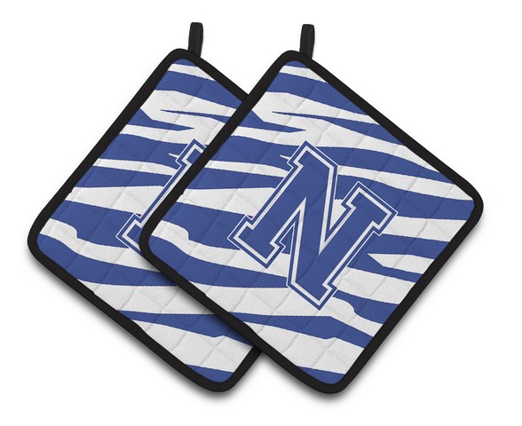 Monogram Initial N Tiger Stripe Blue & White Pair of Pot Holders