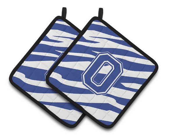 Monogram Initial O Tiger Stripe Blue & White Pair of Pot Holders