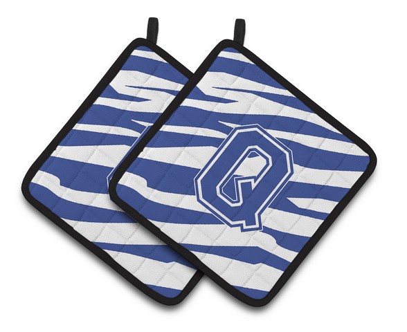Monogram Initial Q Tiger Stripe Blue & White Pair of Pot Holders