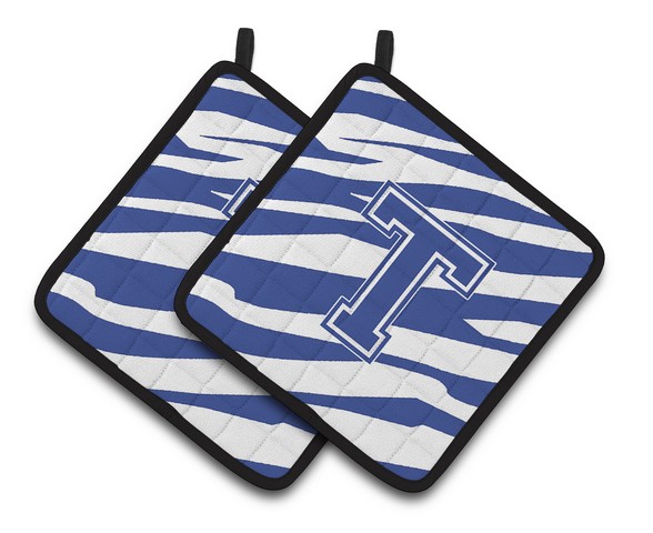 Monogram Initial T Tiger Stripe Blue & White Pair of Pot Holders