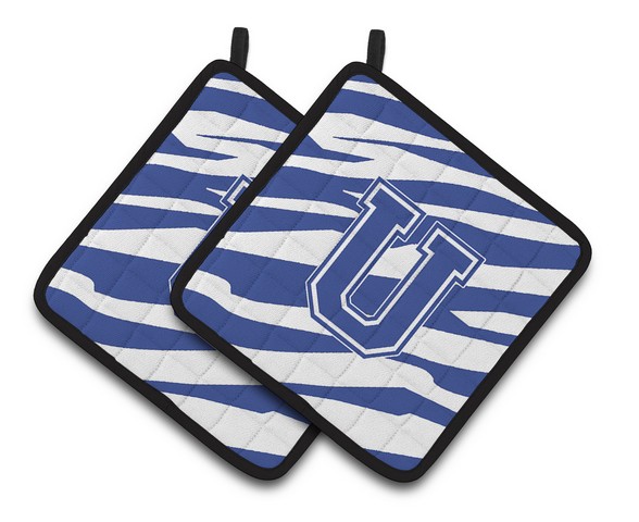 Monogram Initial U Tiger Stripe Blue & White Pair of Pot Holders