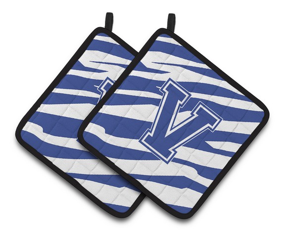 Monogram Initial V Tiger Stripe Blue & White Pair of Pot Holders