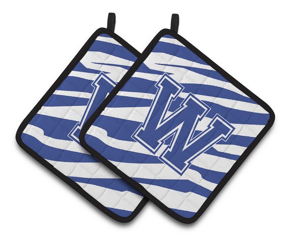 Monogram Initial W Tiger Stripe Blue & White Pair of Pot Holders