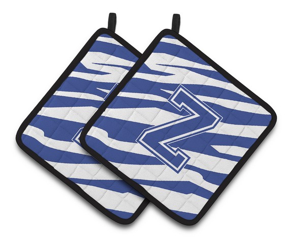 Monogram Initial Z Tiger Stripe Blue & White Pair of Pot Holders