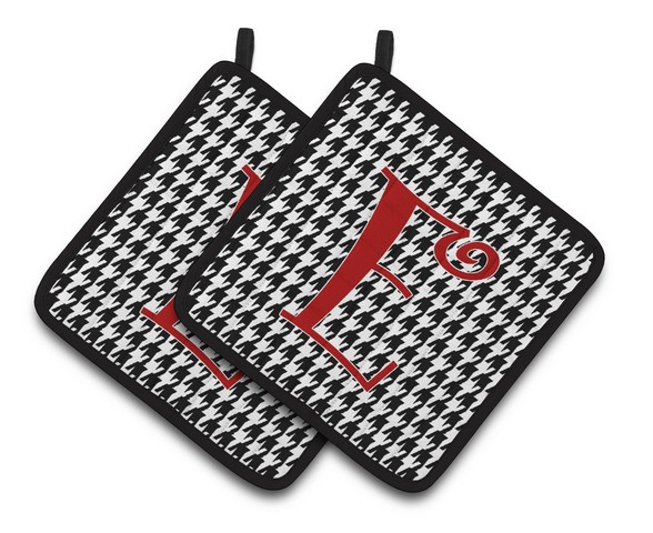 CJ1035-EPTHD Monogram Initial E Houndstooth Black Pair of Pot Holders, 7.5 x 3 x 7.5 in.