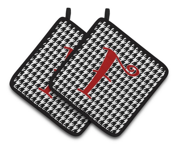 CJ1035-FPTHD Monogram Initial F Houndstooth Black Pair of Pot Holders, 7.5 x 3 x 7.5 in.