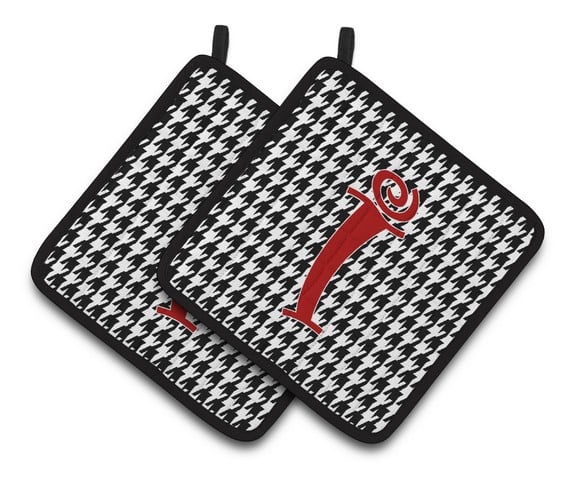 CJ1035-IPTHD Monogram Initial I Houndstooth Black Pair of Pot Holders, 7.5 x 3 x 7.5 in.