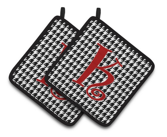 CJ1035-KPTHD Monogram Initial K Houndstooth Black Pair of Pot Holders, 7.5 x 3 x 7.5 in.