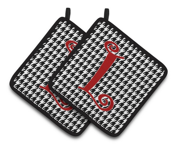 CJ1035-LPTHD Monogram Initial L Houndstooth Black Pair of Pot Holders, 7.5 x 3 x 7.5 in.