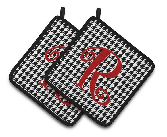 CJ1035-RPTHD Monogram Initial R Houndstooth Black Pair of Pot Holders, 7.5 x 3 x 7.5 in.