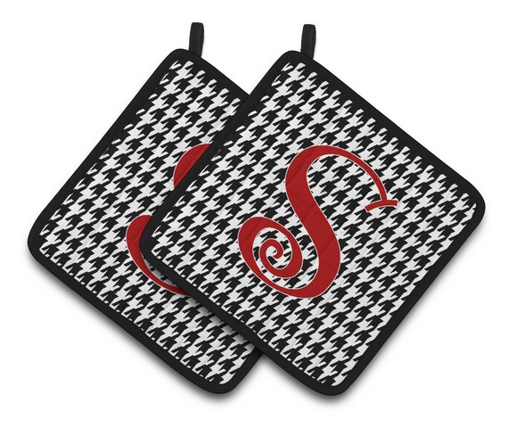 CJ1035-SPTHD Monogram Initial S Houndstooth Black Pair of Pot Holders, 7.5 x 3 x 7.5 in.
