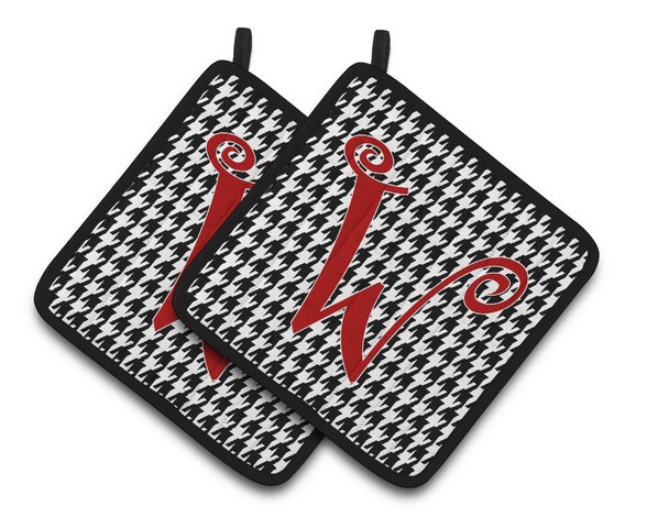 CJ1035-WPTHD Monogram Initial W Houndstooth Black Pair of Pot Holders, 7.5 x 3 x 7.5 in.