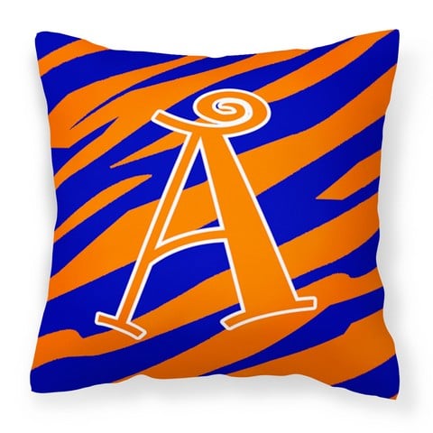Letter A Monogram - Orange Blue Tiger Stripe Fabric Decorative Pillow - 14 x 3 x 14 in.