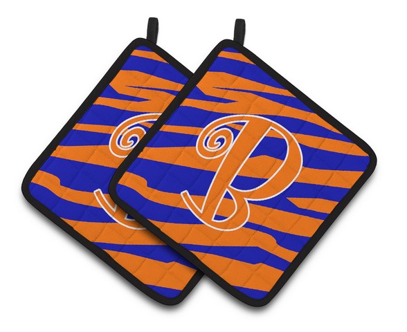 Monogram Initial B Tiger Stripe Blue & Orange Pair of Pot Holders