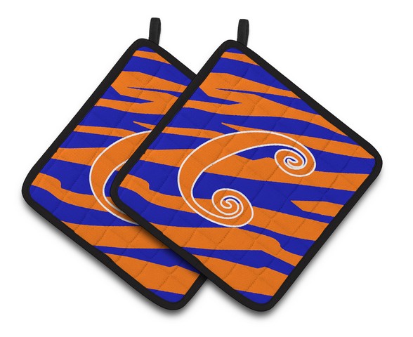 Monogram Initial C Tiger Stripe Blue & Orange Pair of Pot Holders