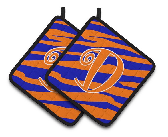 Monogram Initial D Tiger Stripe Blue & Orange Pair of Pot Holders