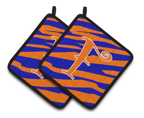 Monogram Initial F Tiger Stripe Blue & Orange Pair of Pot Holders