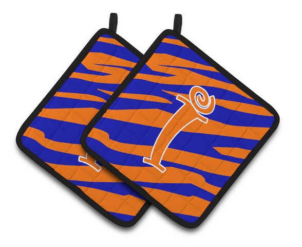 Monogram Initial I Tiger Stripe Blue & Orange Pair of Pot Holders