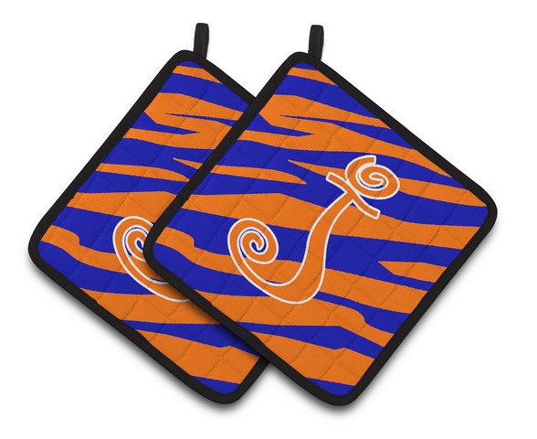 Monogram Initial J Tiger Stripe Blue & Orange Pair of Pot Holders
