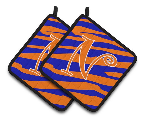 CJ1036-NPTHD Monogram Initial N Tiger Stripe Blue & Orange Pair of Pot Holders, 7.5 x 3 x 7.5 in.