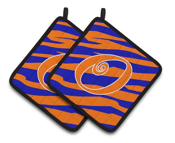 Monogram Initial O Tiger Stripe Blue & Orange Pair of Pot Holders