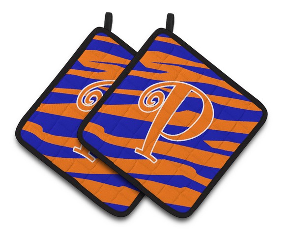 Monogram Initial P Tiger Stripe Blue & Orange Pair of Pot Holders