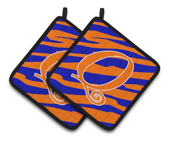 Monogram Initial Q Tiger Stripe Blue & Orange Pair of Pot Holders