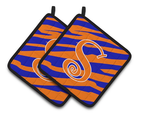 Monogram Initial S Tiger Stripe Blue & Orange Pair of Pot Holders