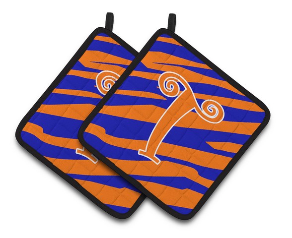 Monogram Initial T Tiger Stripe Blue & Orange Pair of Pot Holders
