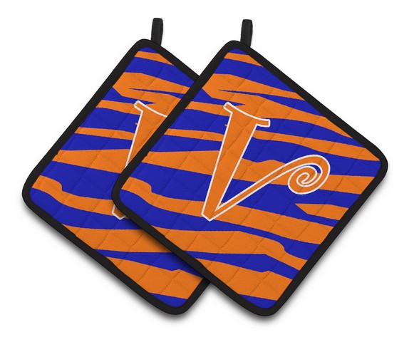 Monogram Initial V Tiger Stripe Blue & Orange Pair of Pot Holders