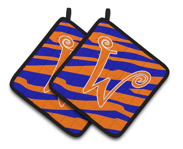 Monogram Initial W Tiger Stripe Blue & Orange Pair of Pot Holders