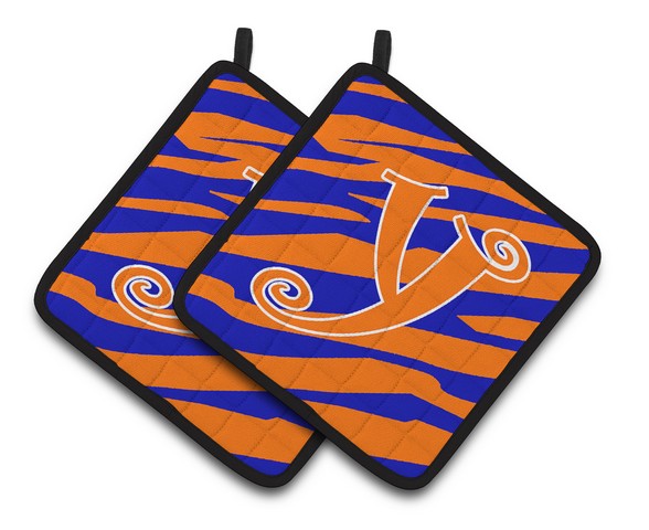 Monogram Initial Y Tiger Stripe Blue & Orange Pair of Pot Holders