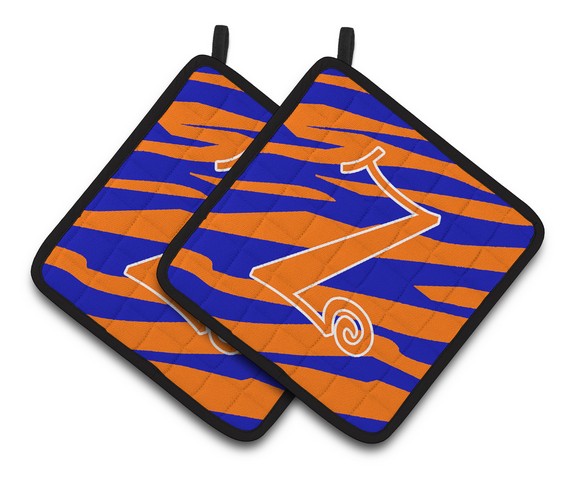 Monogram Initial Z Tiger Stripe Blue & Orange Pair of Pot Holders