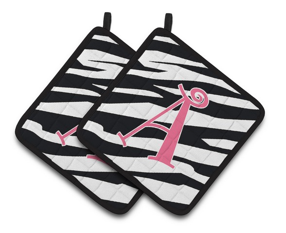 Letter A Monogram - Zebra Stripe & Pink Pair of Pot Holders