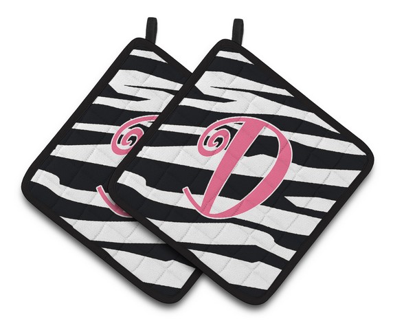 CJ1037-DPTHD Monogram Initial D Zebra Stripe & Pink Pair of Pot Holders, 7.5 x 3 x 7.5 in.