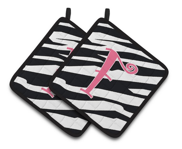 CJ1037-FPTHD Monogram Initial F Zebra Stripe & Pink Pair of Pot Holders, 7.5 x 3 x 7.5 in.